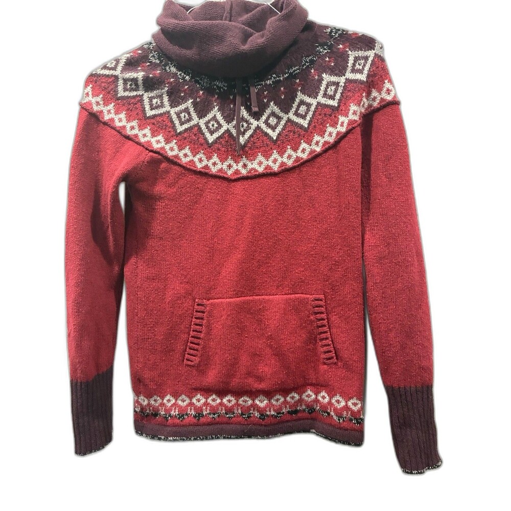 Eddie Bauer XS Red Fair Isle Cowl Neck Sweater Pocket Mohair Wool Blend